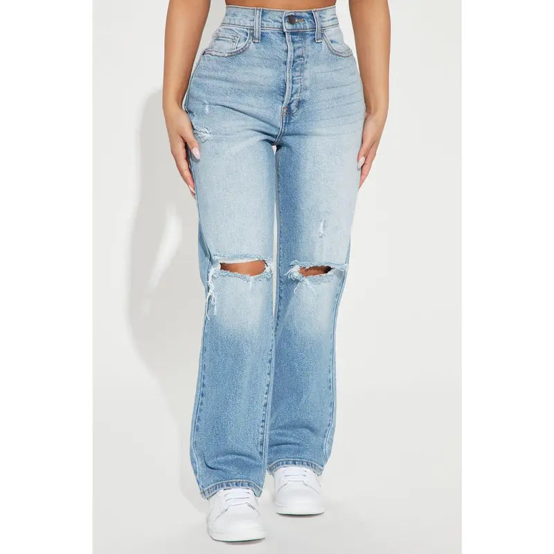 Women's High Rise Ripped Straight Leg Denim Jeans