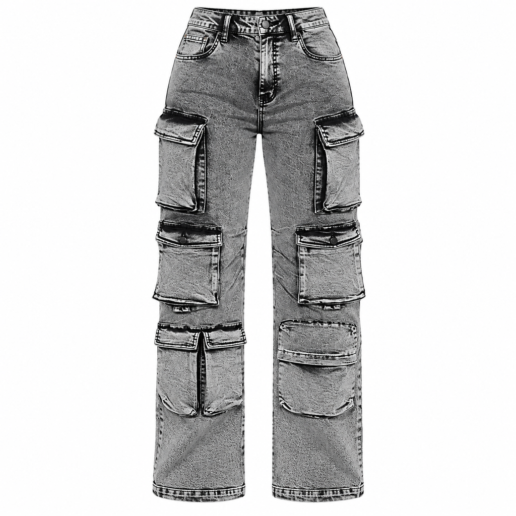 Flation Women's Fairfax High Rise Stretch Cargo Jeans Acid Wash Grey |  | Flation Streetwear
