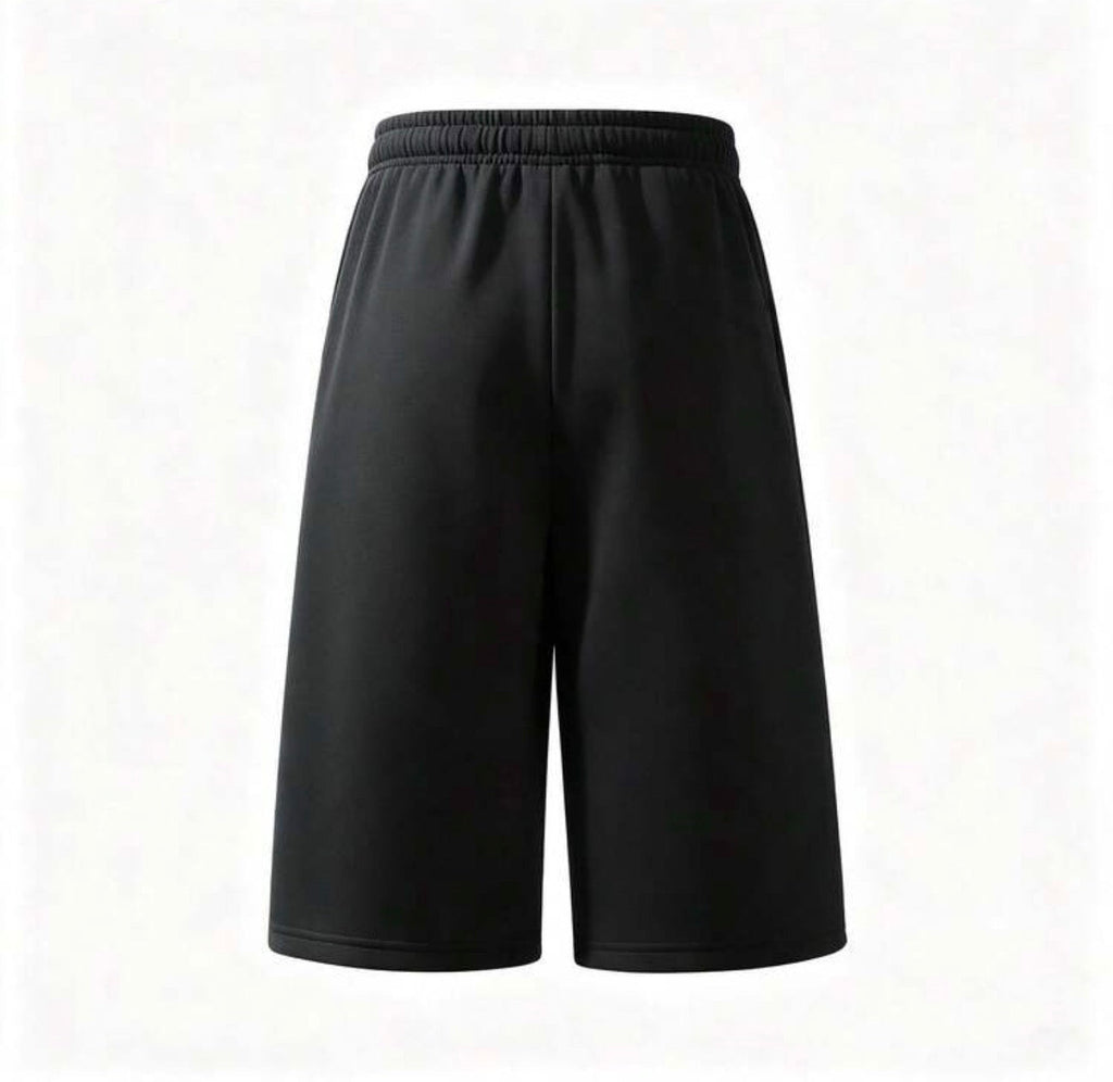 Black Flation Trending Long Jogger Shorts with elastic waistband and relaxed fit, displayed on a hanger.