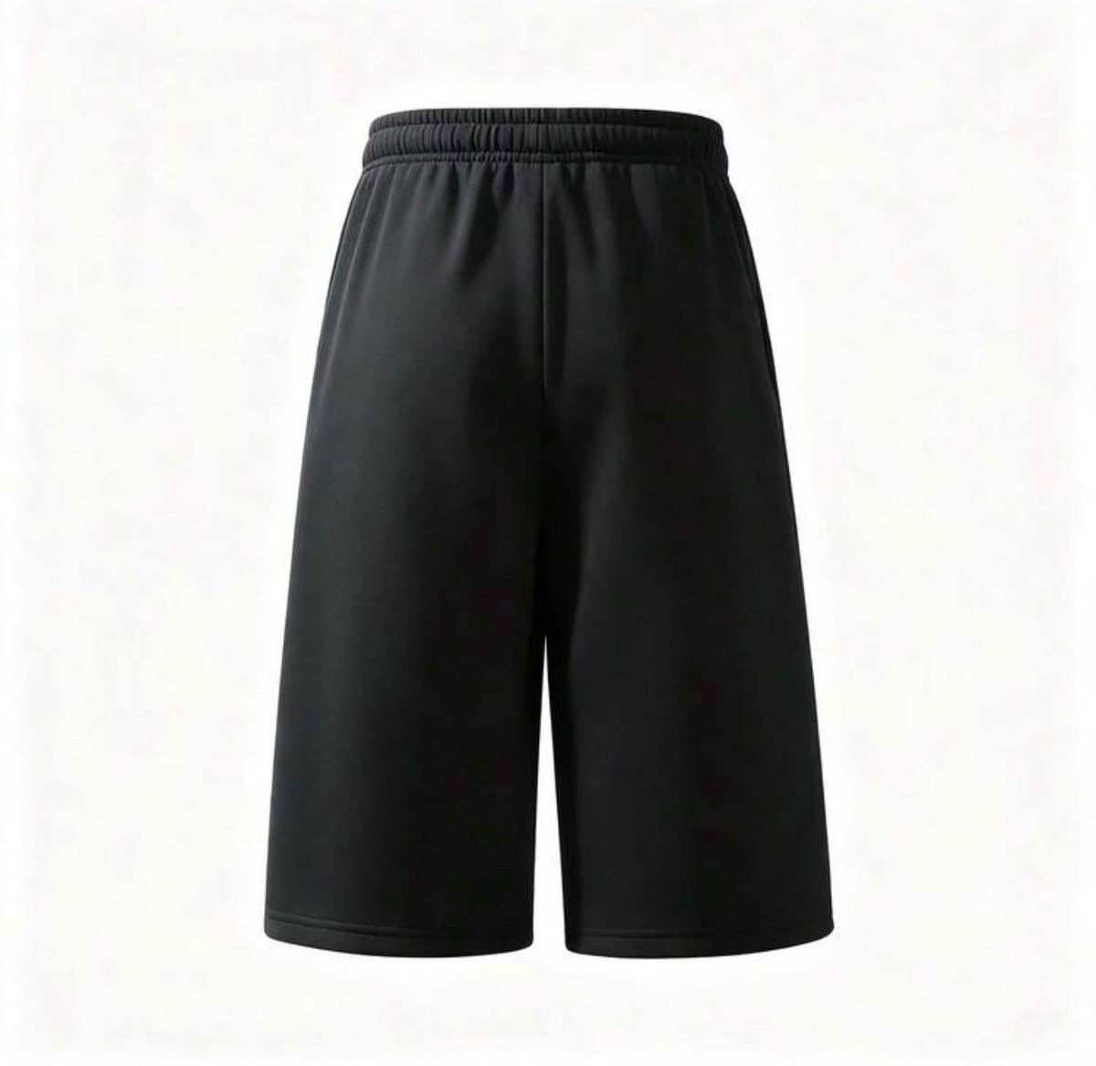Black Flation Trending Long Jogger Shorts with elastic waistband and relaxed fit, displayed on a hanger.