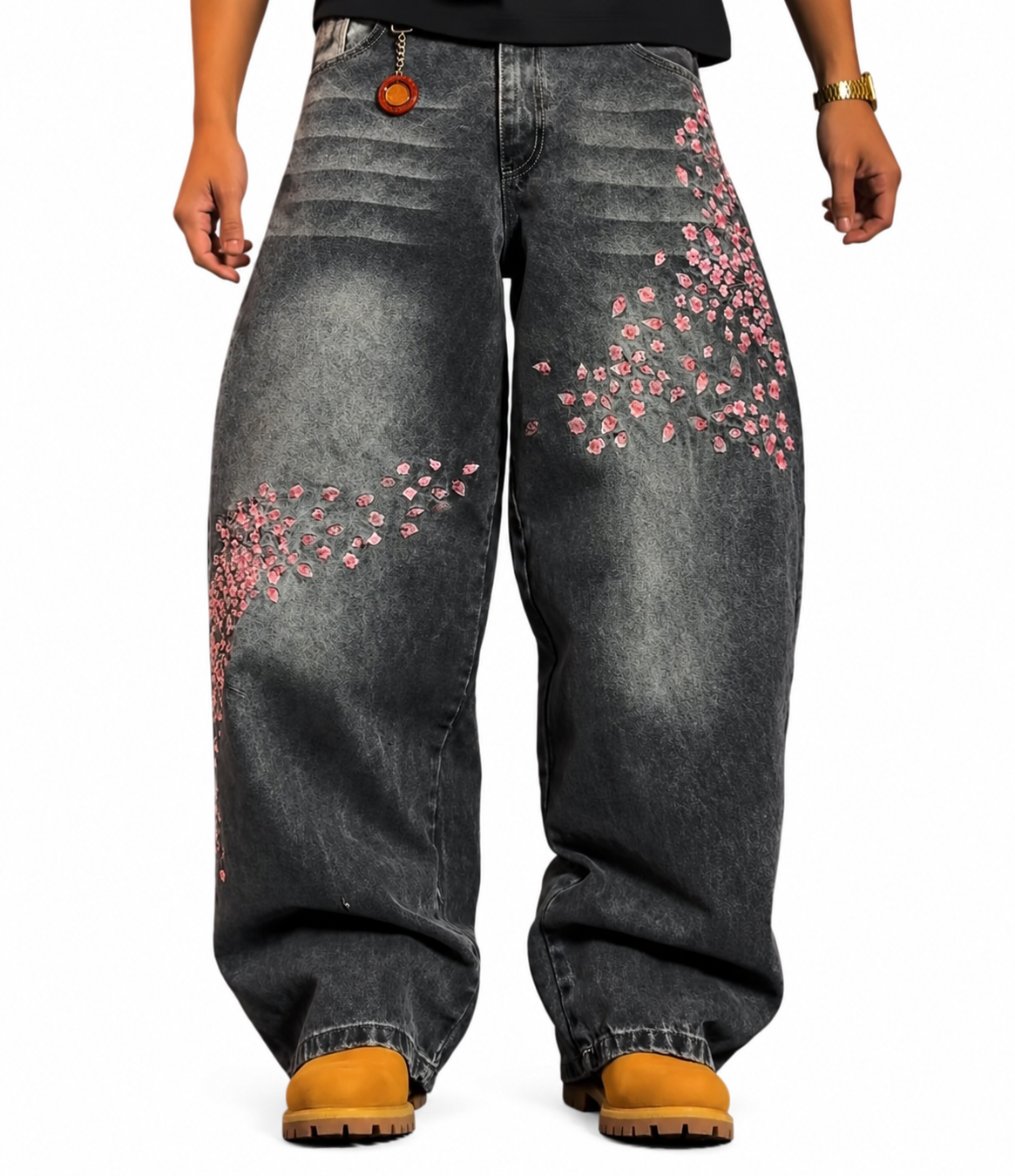 Flation Sakura black and grey wash baggy denim jeans with relaxed fit and distressed details, shown on a model.