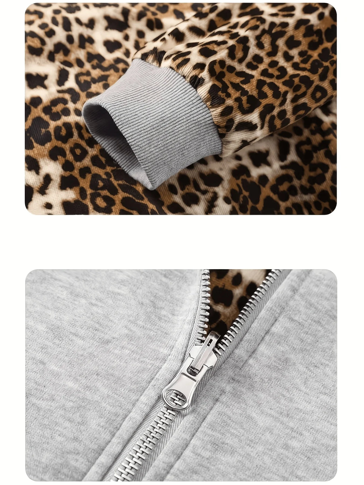 Flation streetwear zip-up jacket featuring a bold leopard print design on black fabric.