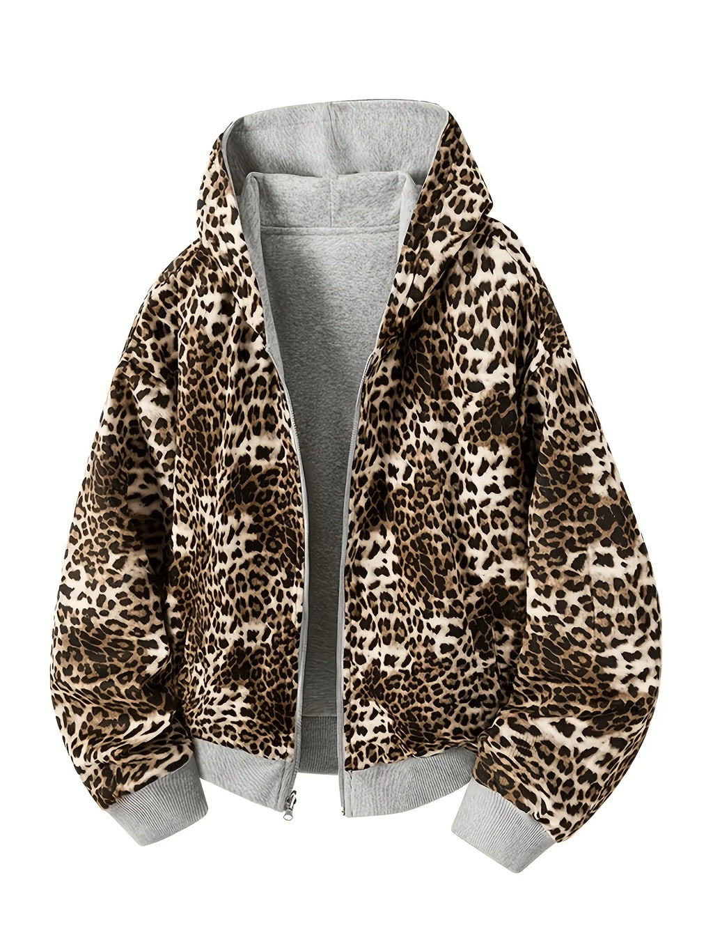 Flation streetwear zip-up jacket featuring a bold leopard print design, casual fit, and stylish collar detail.