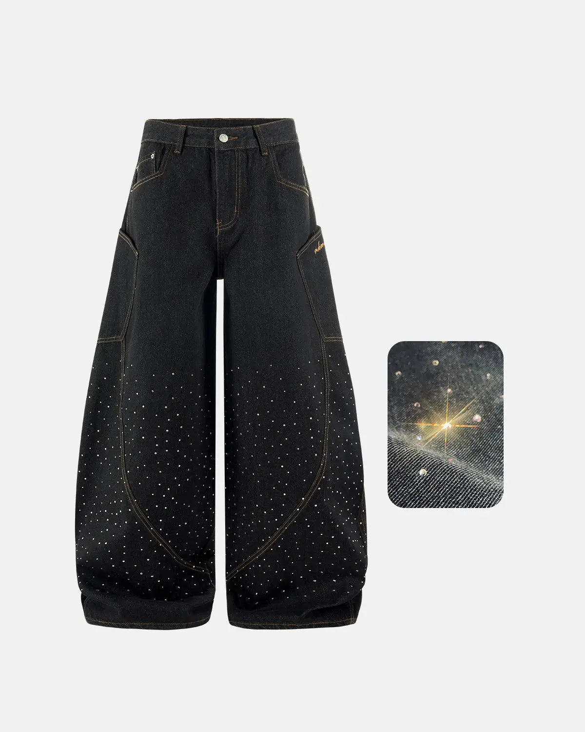 Colorful rhinestone raw barrel jeans from Flation streetwear with vibrant embellishments and distressed denim details.