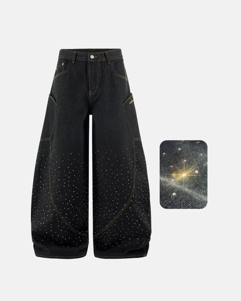 Colorful rhinestone raw barrel jeans by Flation, streetwear style with vibrant embellishments and distressed denim details.