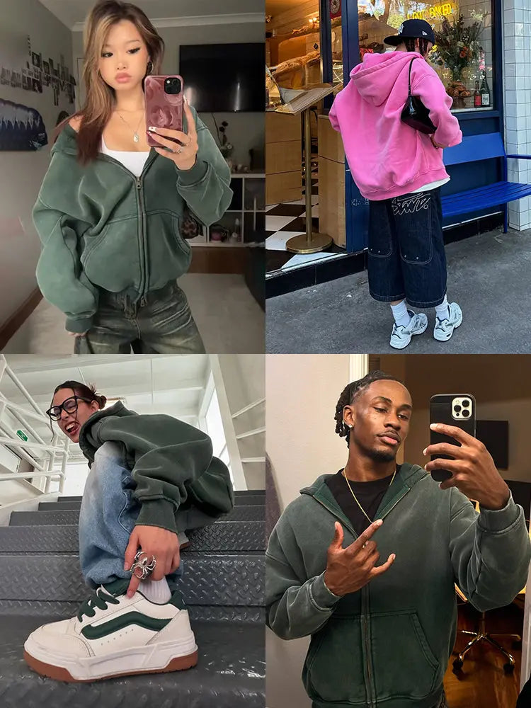 Flation Washed Distressed Fleece Zip-Up Hoodie featuring a distressed design, cozy fleece material, and adjustable zipper.