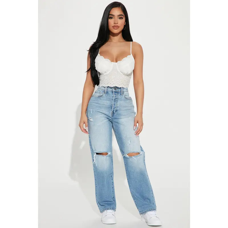 Women's High Rise Ripped Straight Leg Denim Jeans