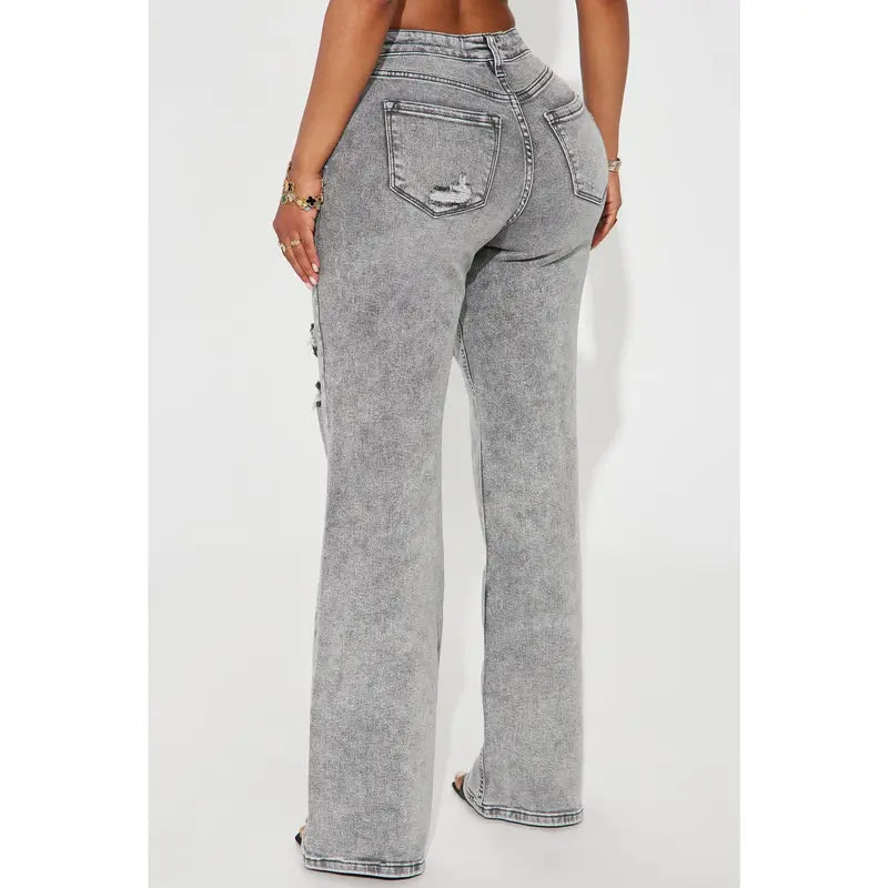 Women's Ripped Stretch Baggy Straight Leg Denim Jeans Grey