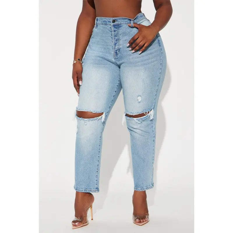 Women's High Rise Ripped Straight Leg Denim Jeans