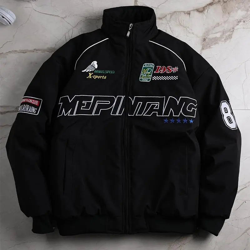 Men's Racing Style Bomber Jacket Graphic Print Fleece Stand Collar