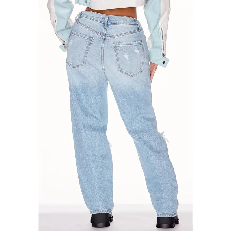 Women's High Rise Ripped Straight Leg Denim Jeans