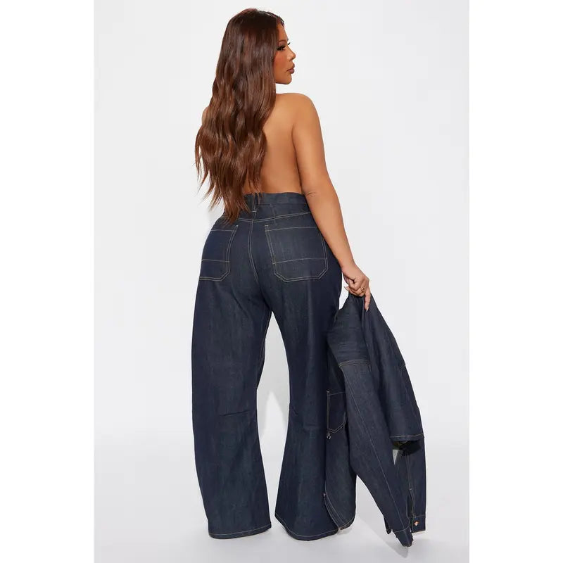 Women's Premium Selvedge Utility Straight Leg Denim Jeans Dark Denim