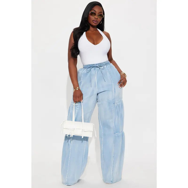 Women's Tall High Rise Stretch Wide Leg Denim Jeans Light Wash