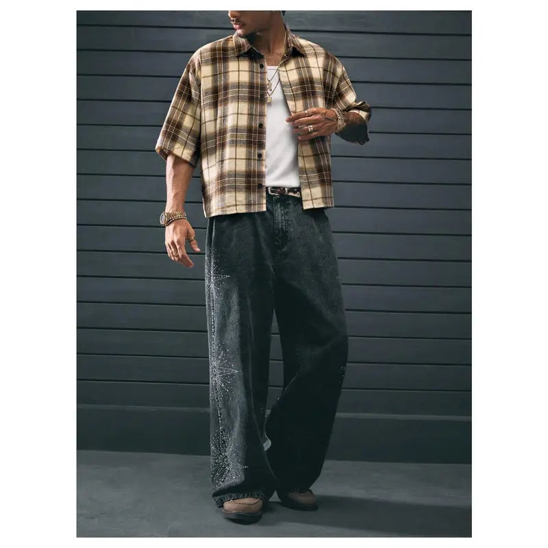 Men's Cropped Plaid Number Graphic Button Down Shirt