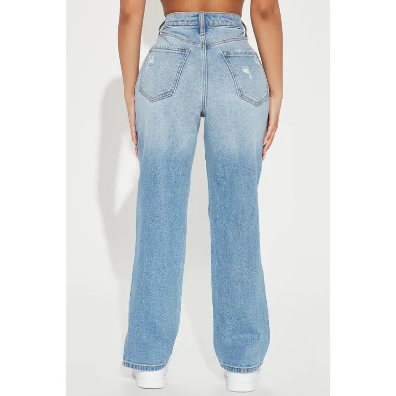 Women's High Rise Ripped Straight Leg Denim Jeans