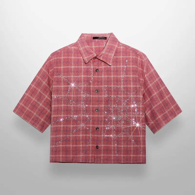 Unisex Crystal Spider Web Plaid Short Sleeve Woven Shirt