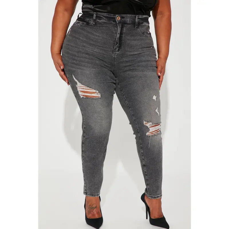 Women's High Rise Stretch Ripped Skinny Denim Jeans Black Wash