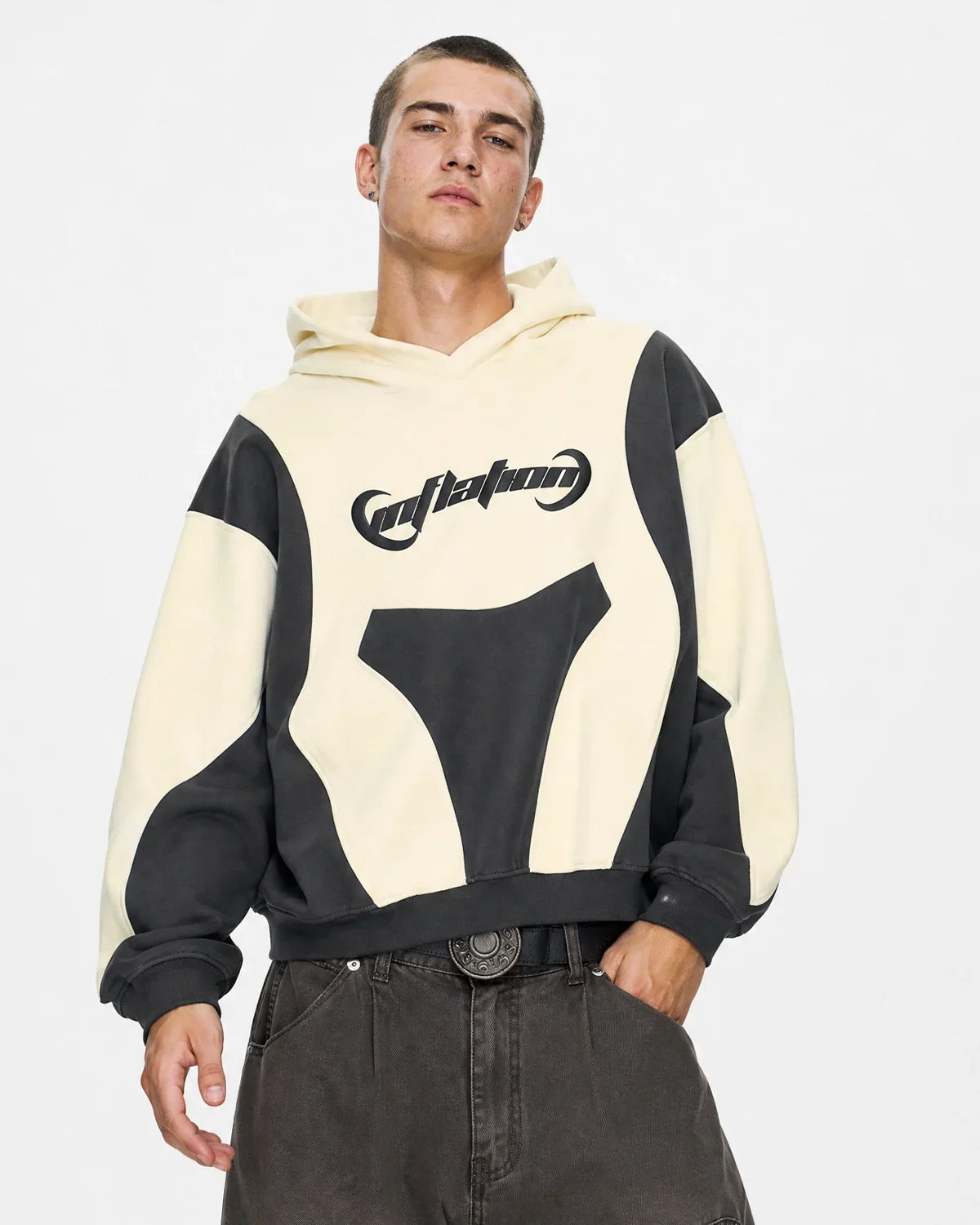 Flation Patchwork Puff Print Hoodie featuring colorful patchwork design and puff print details, streetwear style.