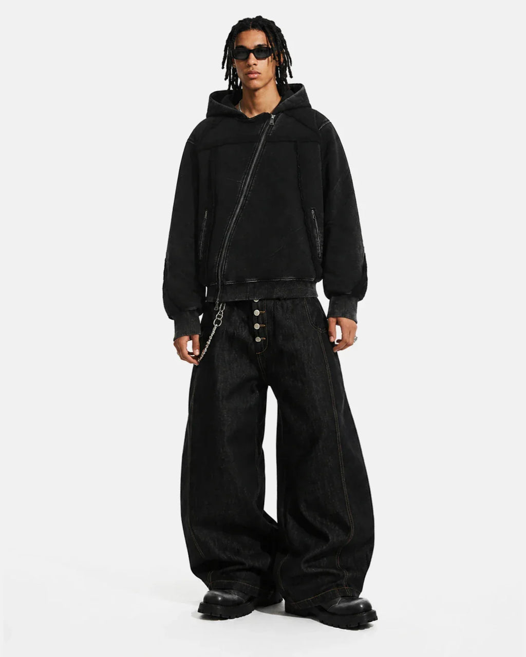 Apricot washed boxy asymmetric zip-up hoodie by Flation Streetwear, with front zipper and relaxed fit, styled on a model.