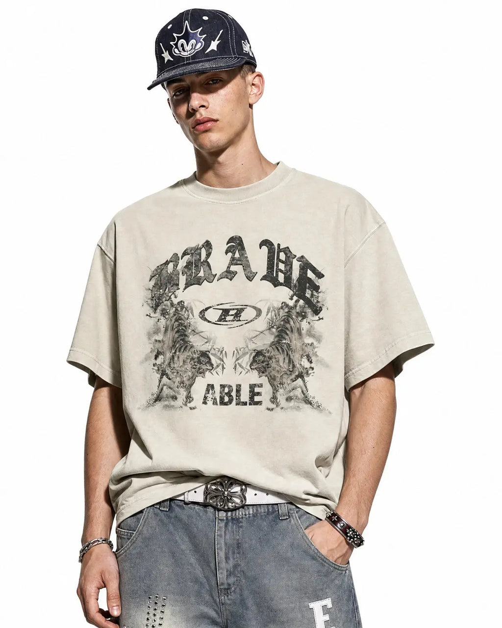 Apricot-colored Flation oversized vintage graphic washed T-shirt with streetwear style and bold printed design.