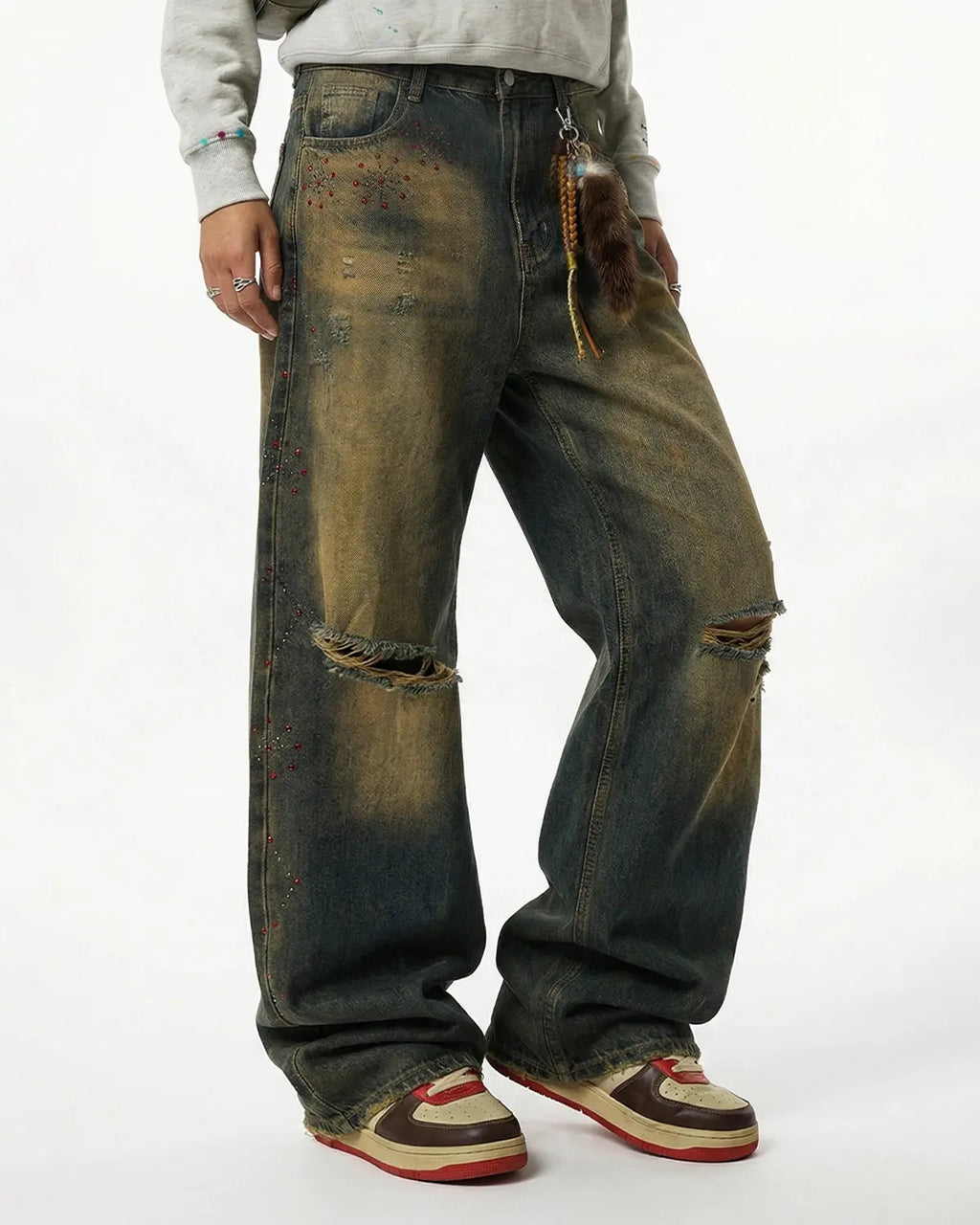 Flation Dirty Wash Rhinestone Baggy Jeans with distressed details and rhinestone embellishments, streetwear style, front view