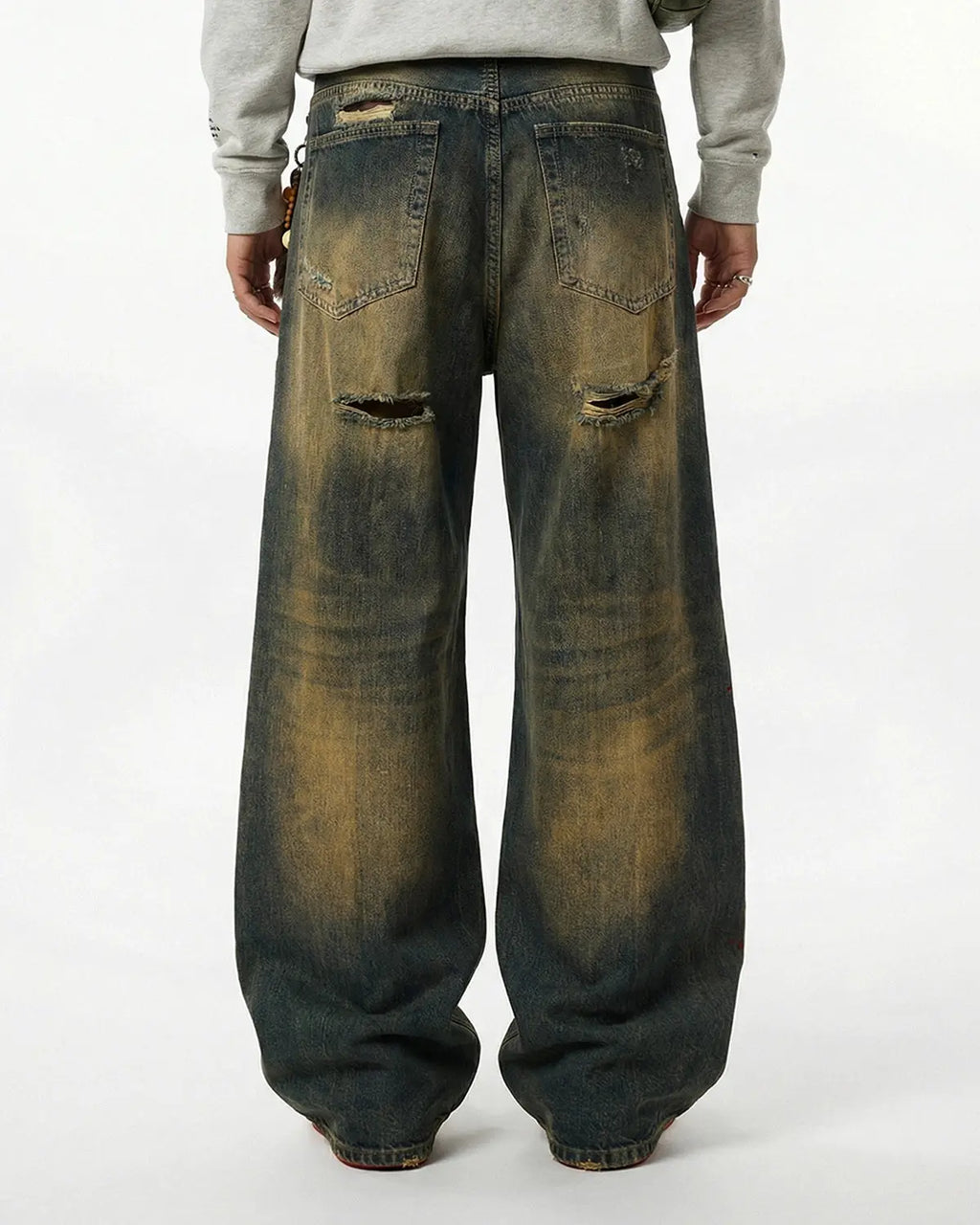 Flation Dirty Wash Rhinestone Baggy Jeans with distressed details and rhinestone embellishments, streetwear style, casual fit.