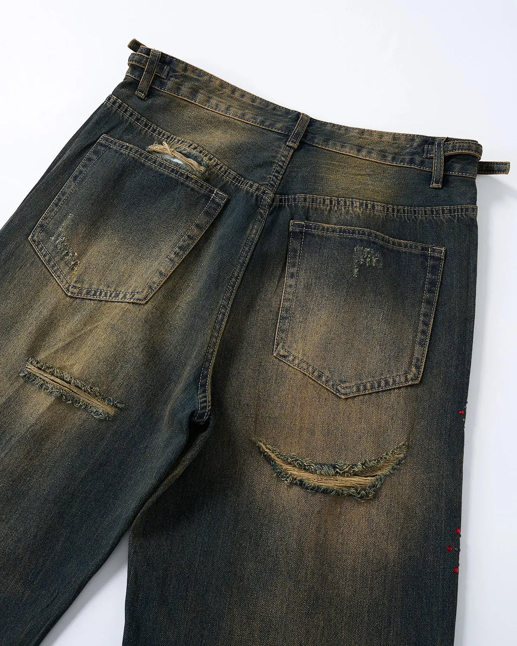 Flation Dirty Wash Rhinestone Baggy Jeans featuring distressed denim, rhinestone embellishments, and a relaxed streetwear fit.
