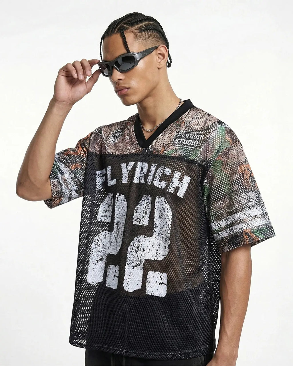 Flation Camo Mesh Digital Print Jersey Tee featuring a camouflage pattern and breathable mesh fabric, streetwear style.