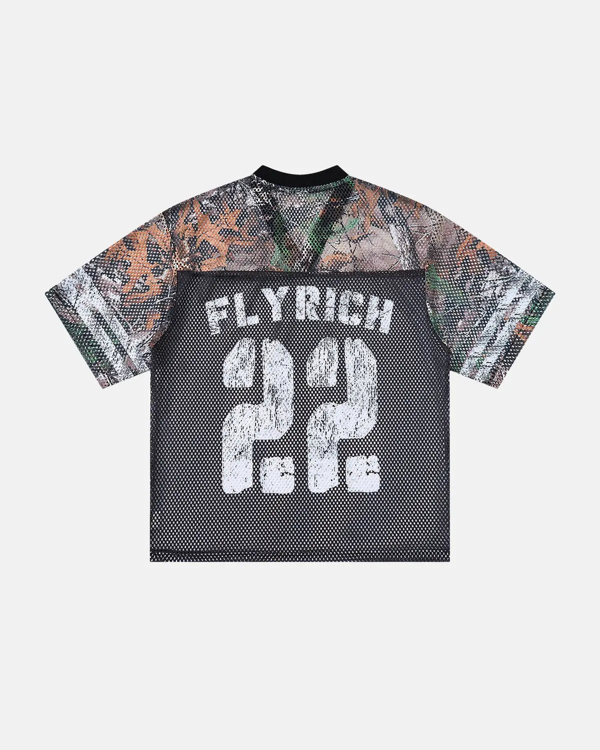 Flation camouflage mesh digital print jersey tee featuring bold camouflage pattern and streetwear style.