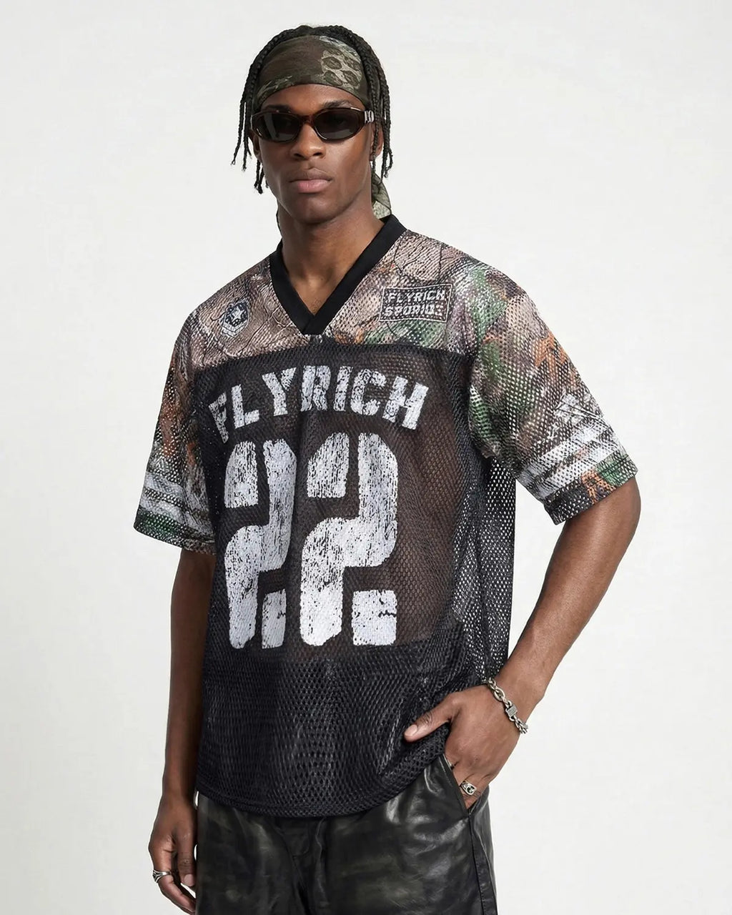 Camo mesh digital print jersey T-shirt by Flation Streetwear featuring a camouflage pattern and breathable fabric.