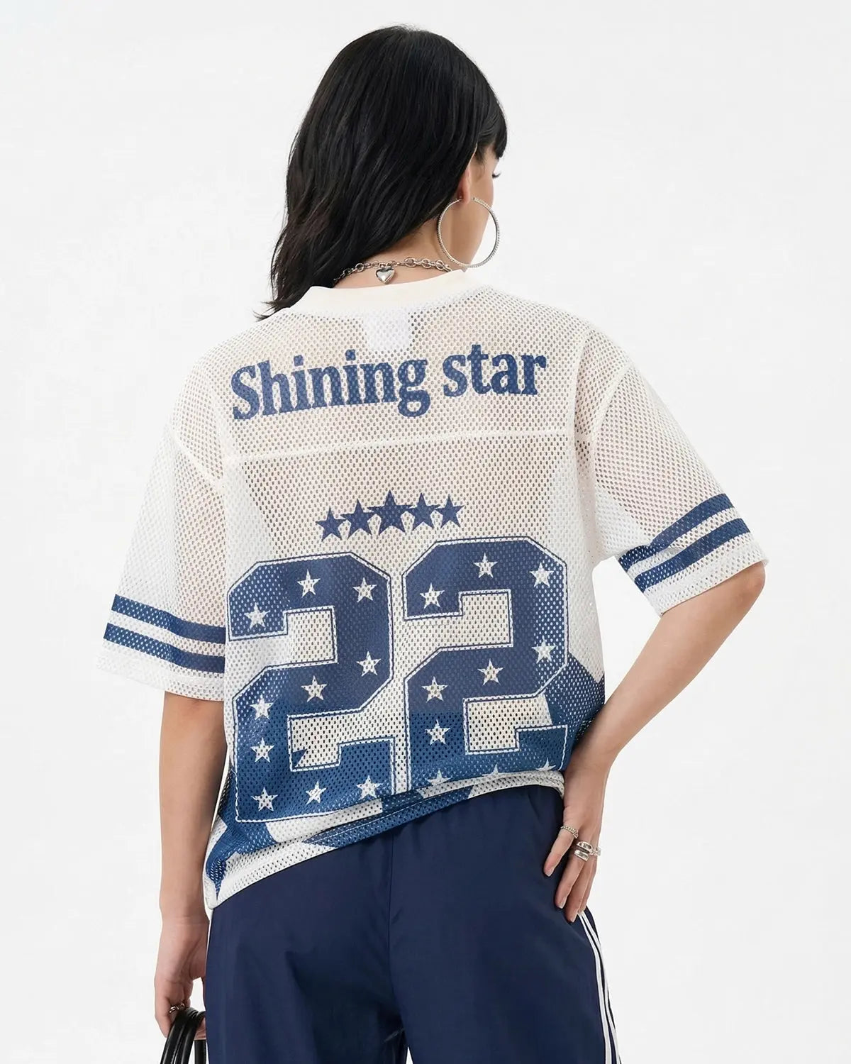 Star graphic oversized mesh jersey by Flation streetwear, featuring a bold star design and breathable mesh fabric.