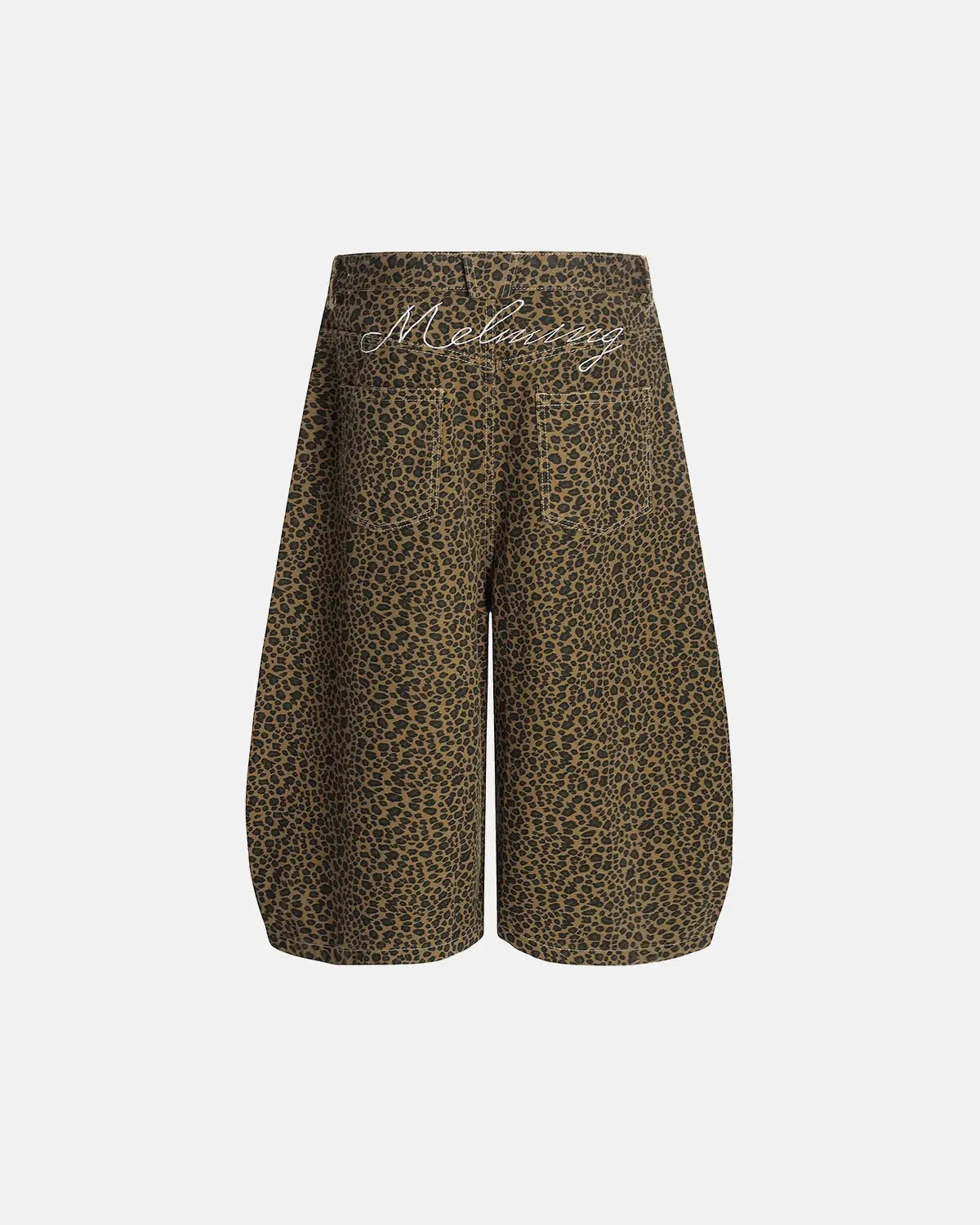 Leopard print barrel longline shorts by Flation Streetwear featuring a relaxed fit and stylish design.