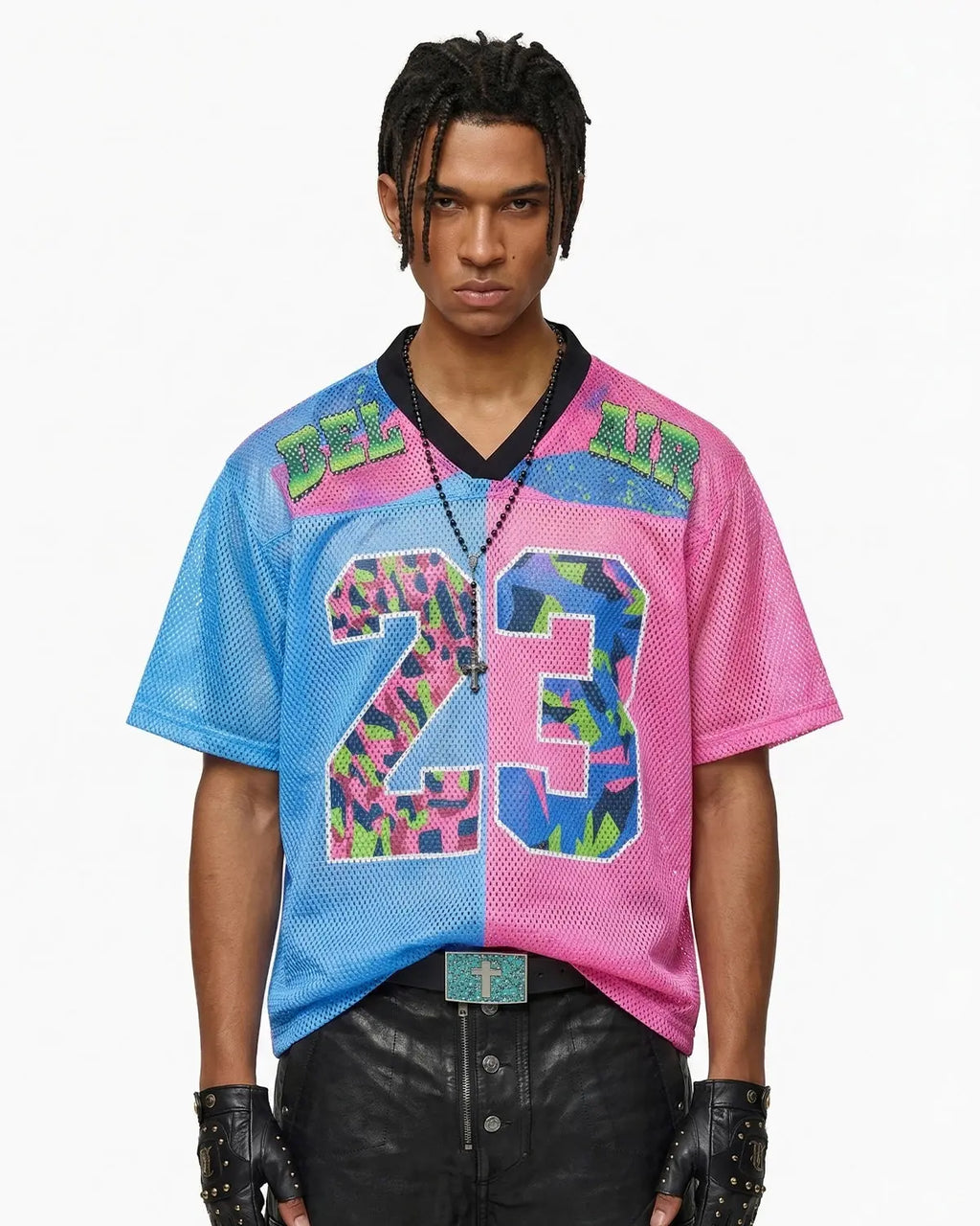 Camo graphic mesh jersey tee by Flation Streetwear featuring camouflage print and breathable mesh fabric.