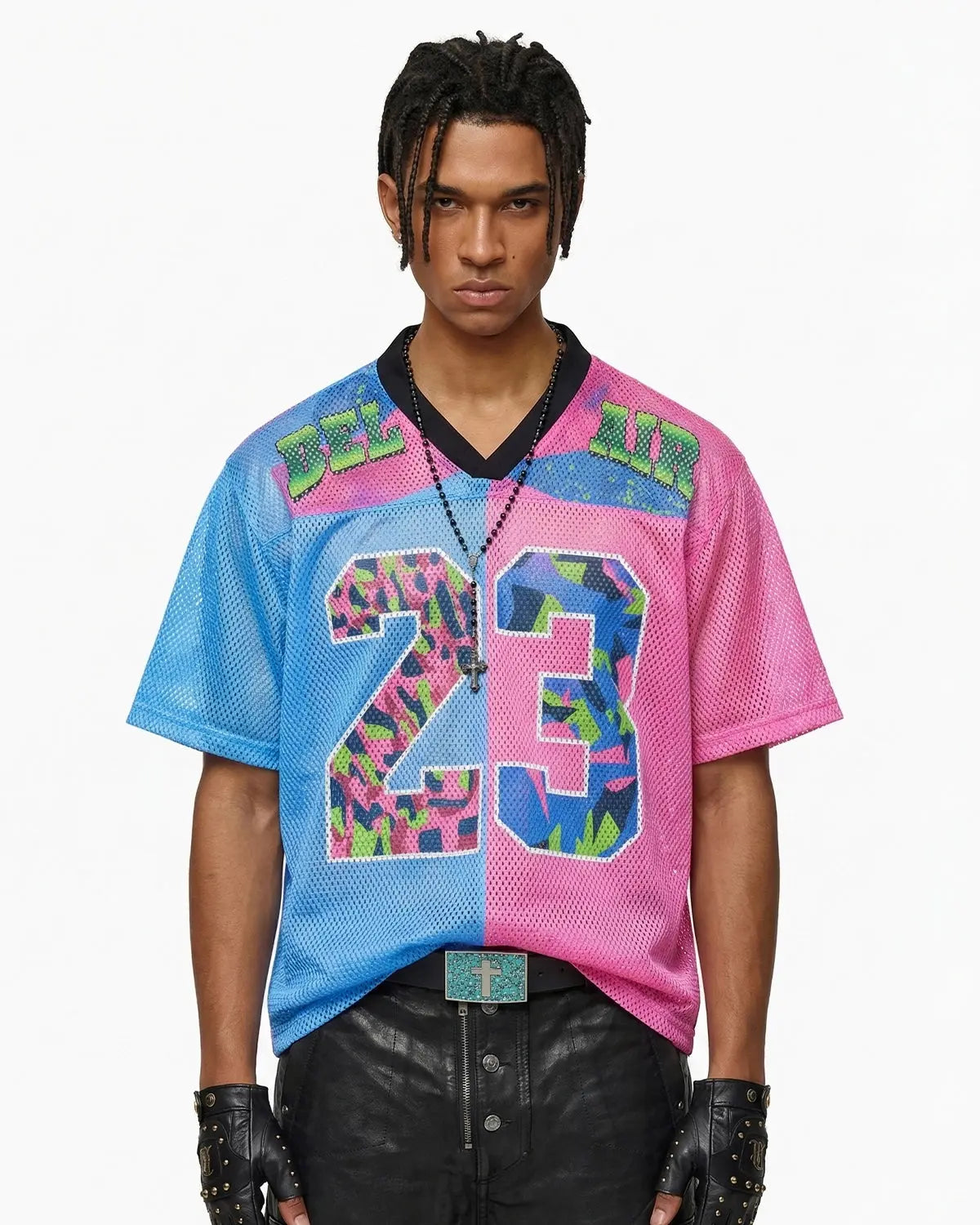 Camo graphic mesh jersey tee by Flation Streetwear featuring camouflage print and breathable mesh fabric.
