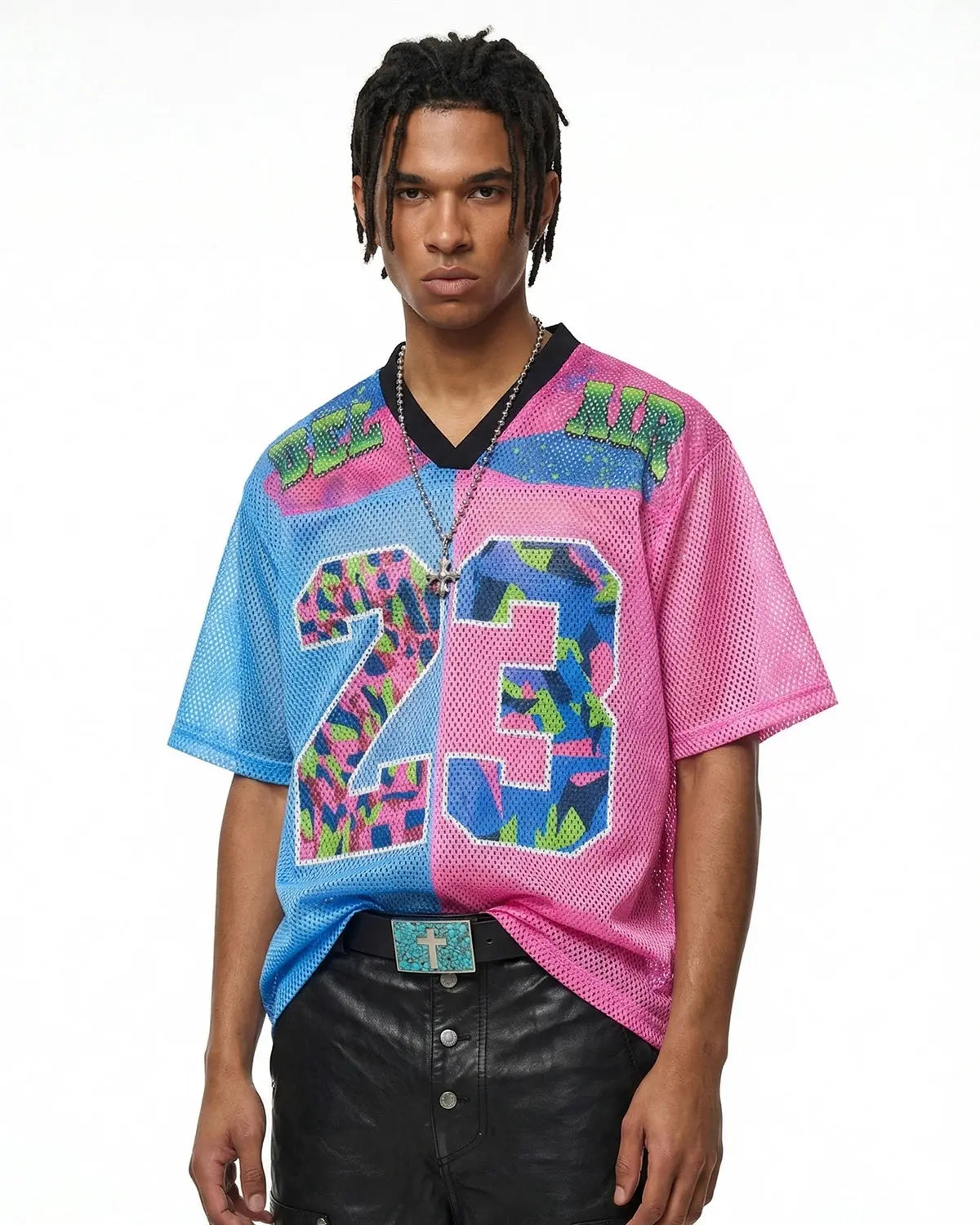 Camo graphic mesh jersey tee by Flation Streetwear, featuring a camo pattern and breathable mesh fabric.