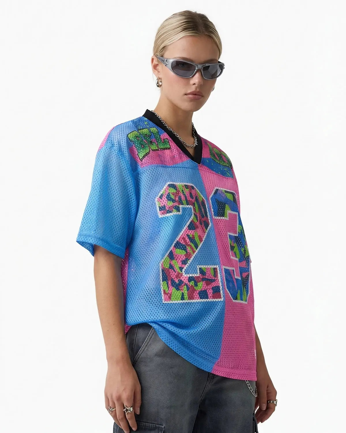 Camo graphic mesh jersey tee by Flation Streetwear featuring a camouflage print and breathable mesh fabric.