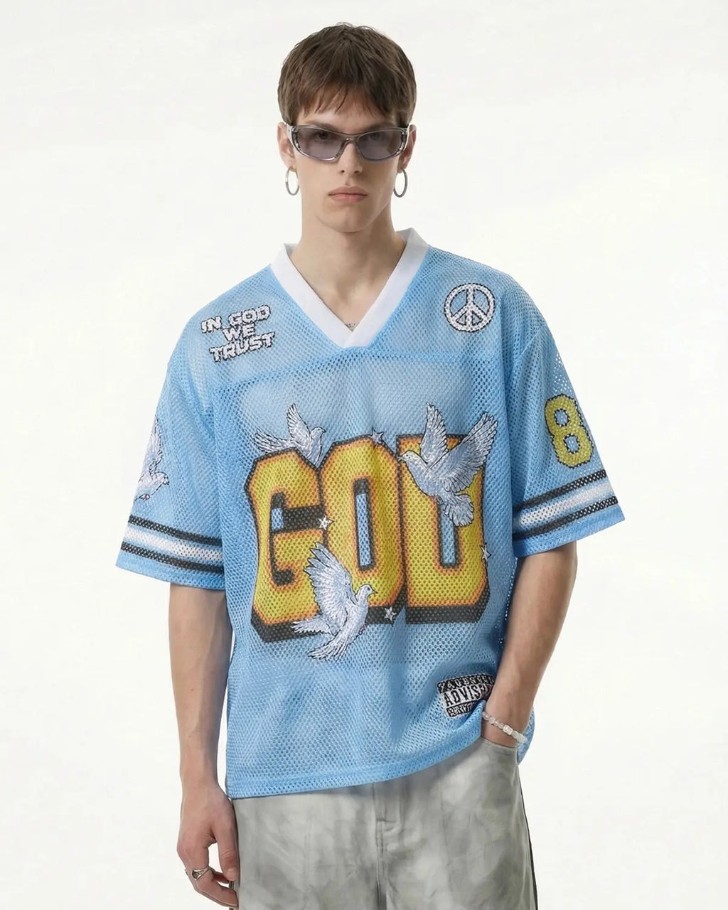 Dove Graphic Mesh Football Jersey by Flation Streetwear featuring bold dove graphic and breathable mesh fabric.