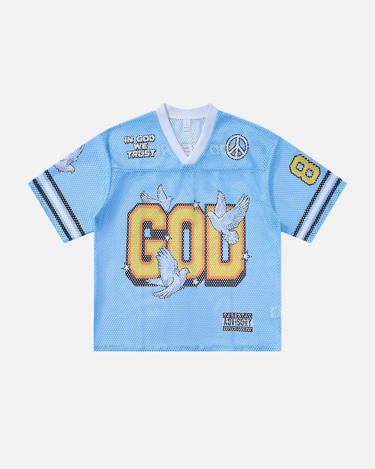 Dove graphic mesh football jersey by Flation Streetwear, featuring bold dove print and breathable mesh fabric.