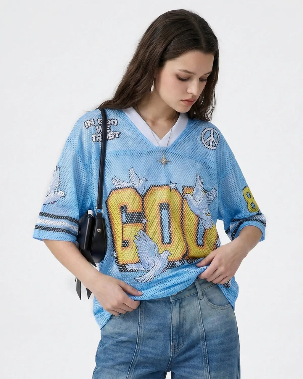 Dove graphic mesh football jersey by Flation Streetwear featuring bold dove print and breathable fabric.