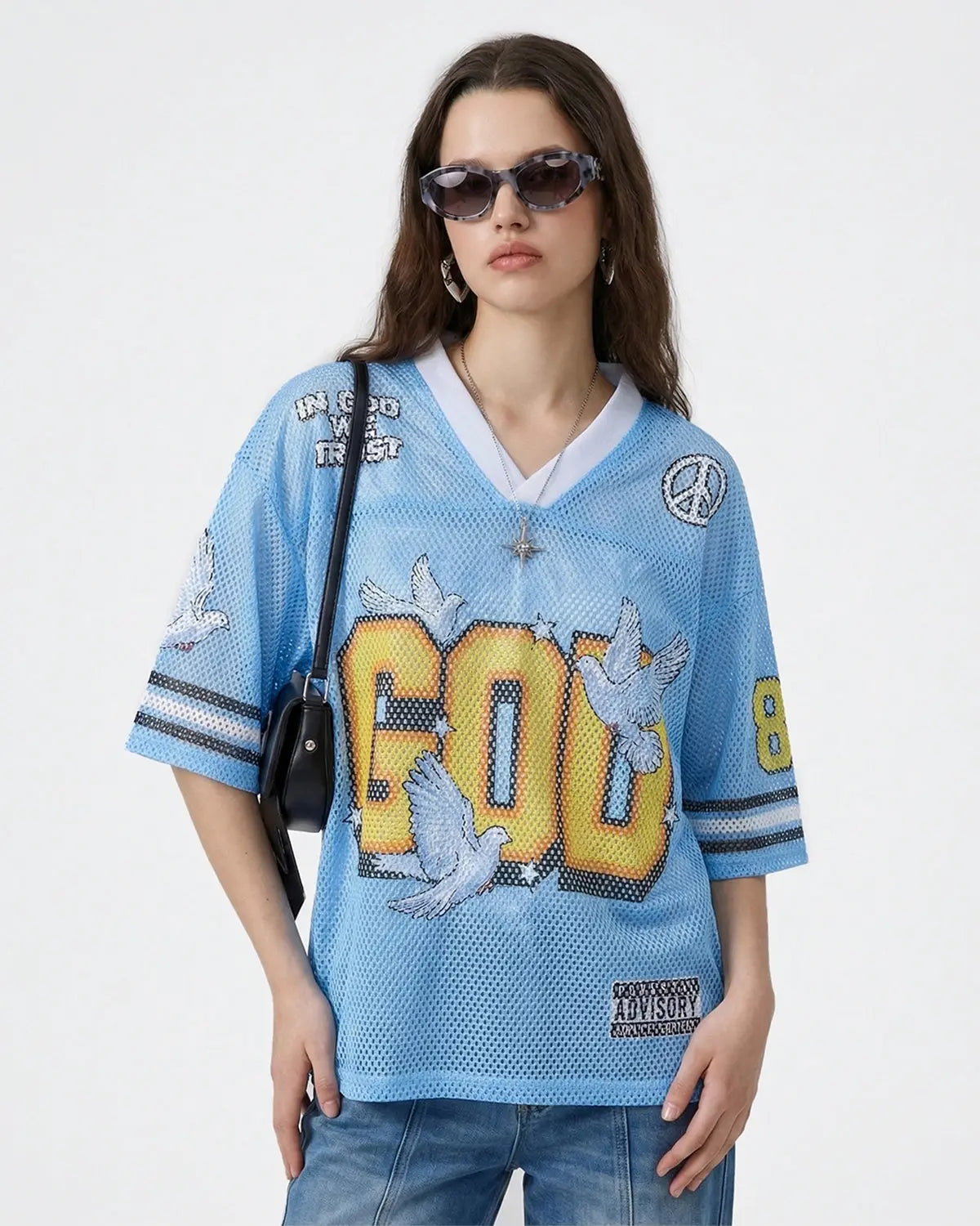 Dove graphic mesh football jersey by Flation Streetwear featuring bold dove design and breathable mesh fabric.