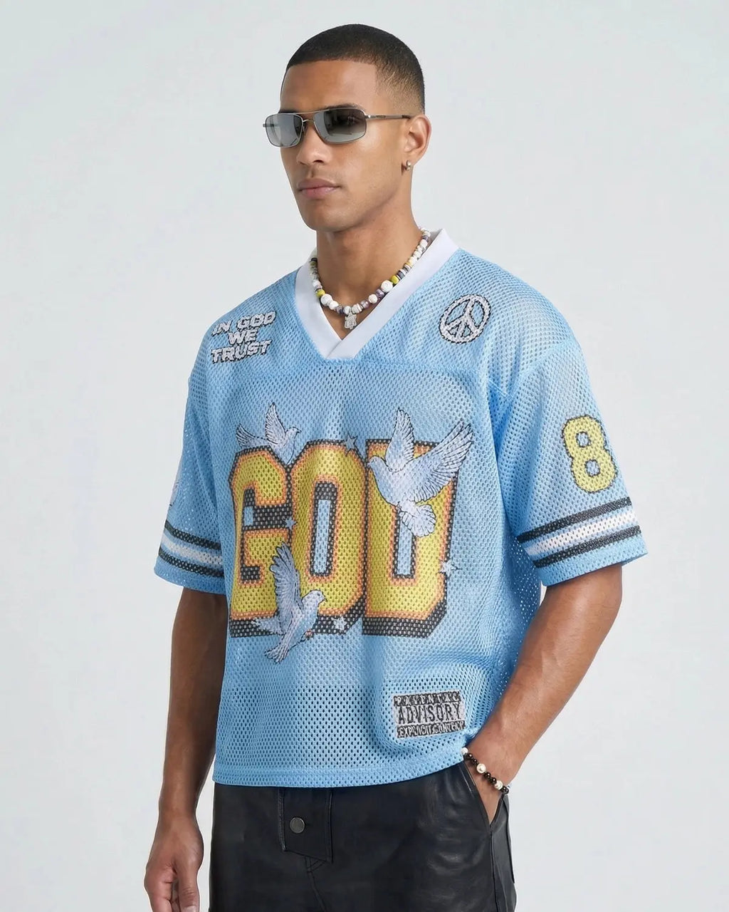 Dove graphic mesh football jersey by Flation Streetwear featuring bold dove design and breathable mesh fabric.