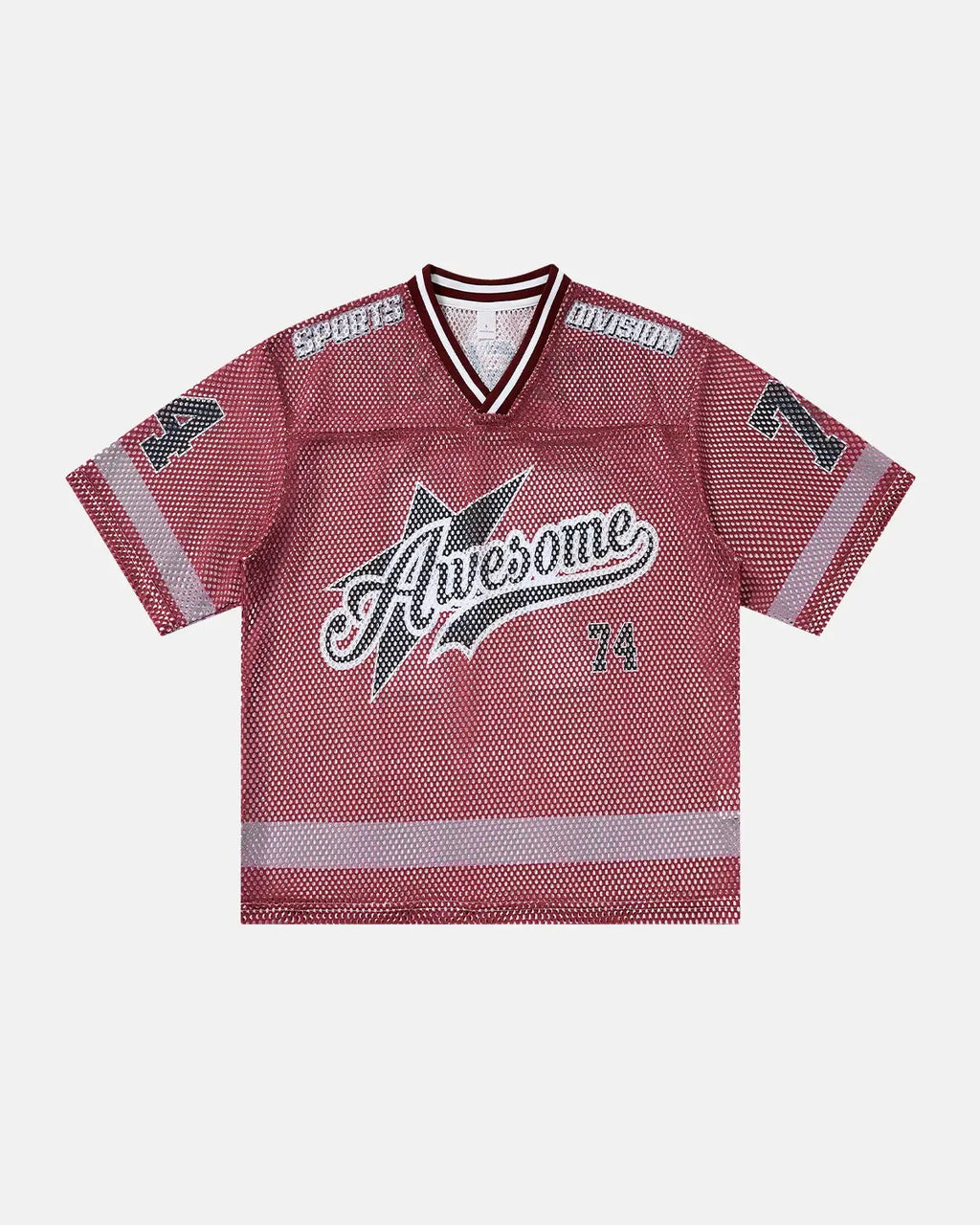 V-neck graphic mesh jersey by Flation Streetwear featuring bold print and breathable fabric for urban style.