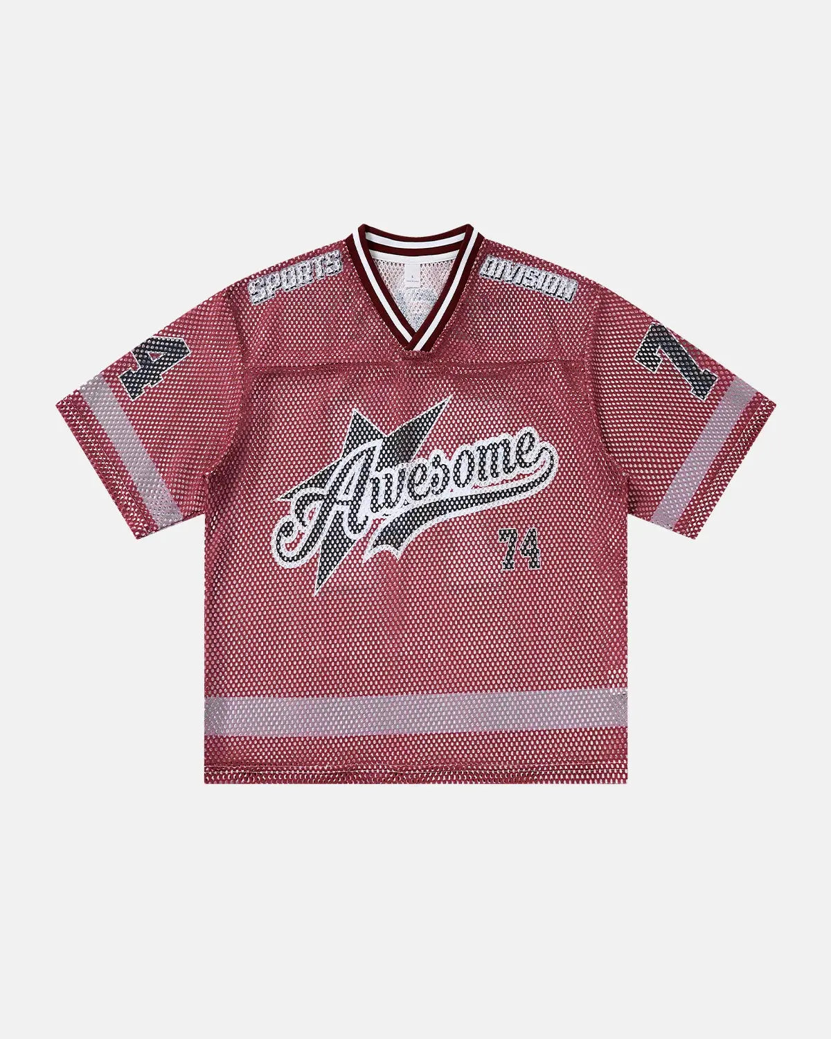 V-neck graphic mesh jersey by Flation Streetwear featuring bold print and breathable fabric for urban style.