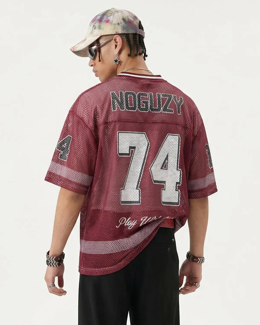 V-neck graphic mesh jersey by Flation Streetwear, featuring bold graphic design and lightweight mesh fabric for a trendy street style look.
