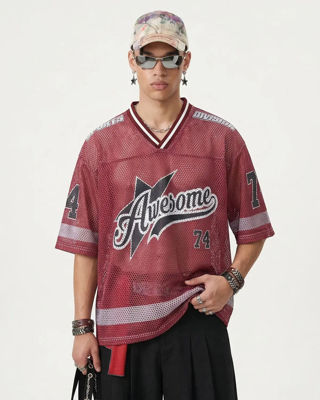 V-neck graphic mesh jersey by Flation Streetwear featuring bold graphic design and breathable mesh fabric.
