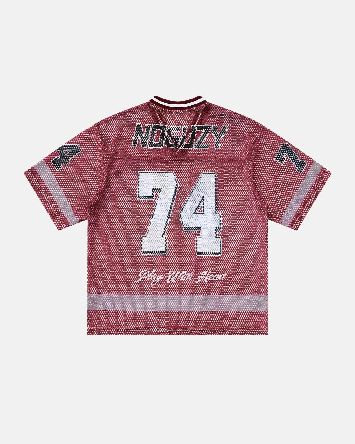 V-neck graphic mesh jersey by Flation Streetwear featuring bold print and breathable mesh fabric, styled for casual street fashion.