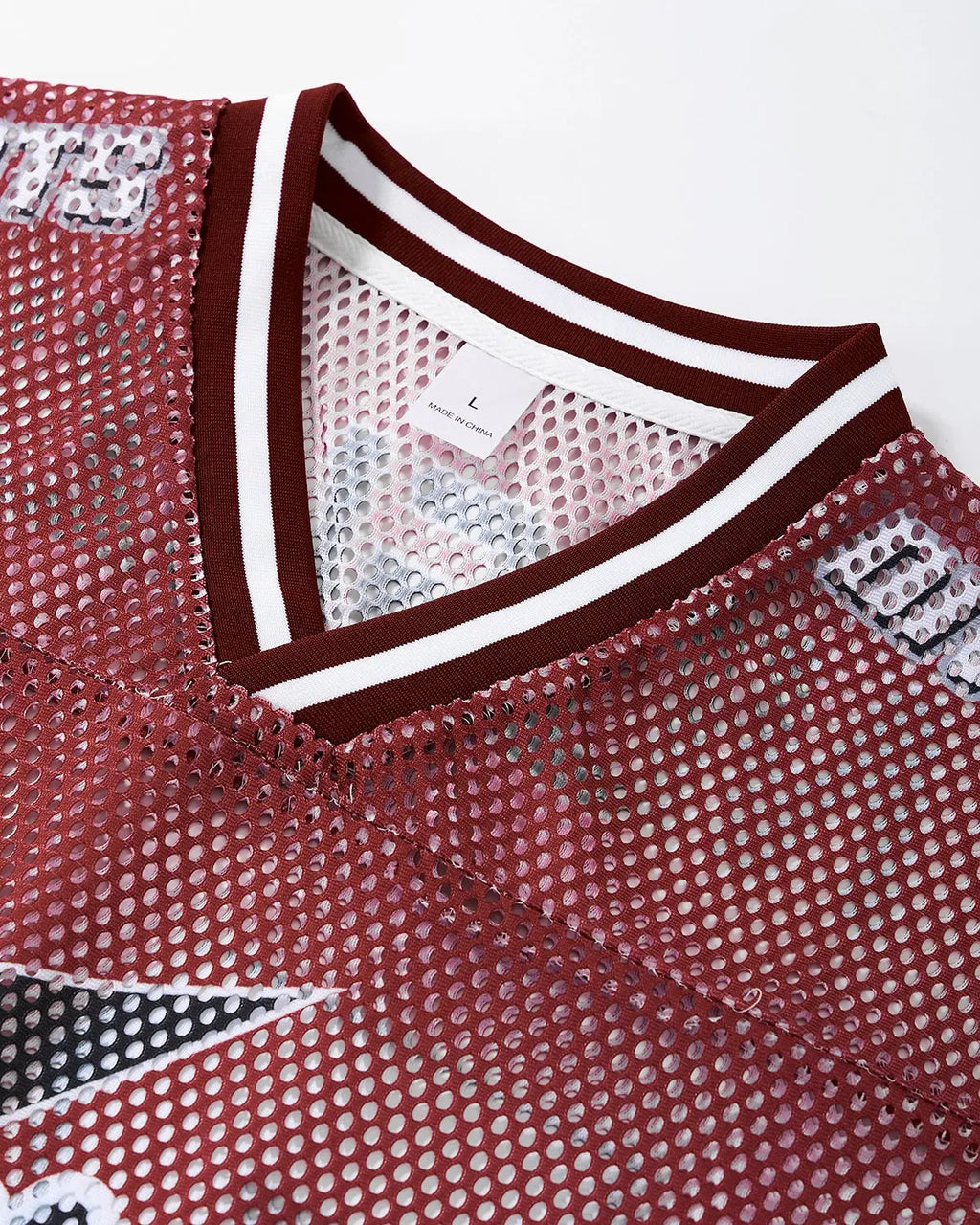 V-neck graphic mesh jersey by Flation Streetwear, featuring bold graphic design and breathable mesh fabric.