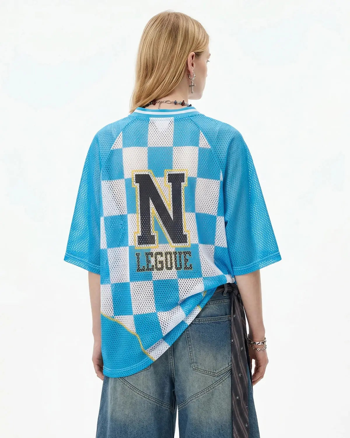 Checkerboard mesh varsity jersey by Flation Streetwear, featuring bold black and white pattern and athletic style.