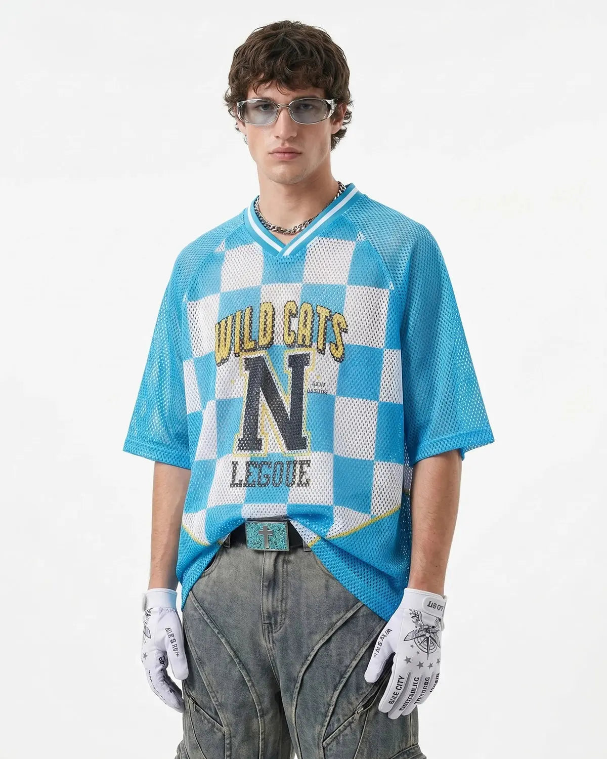 Varsity checkerboard mesh jersey by Flation Streetwear, featuring black and white checkerboard pattern and breathable fabric.