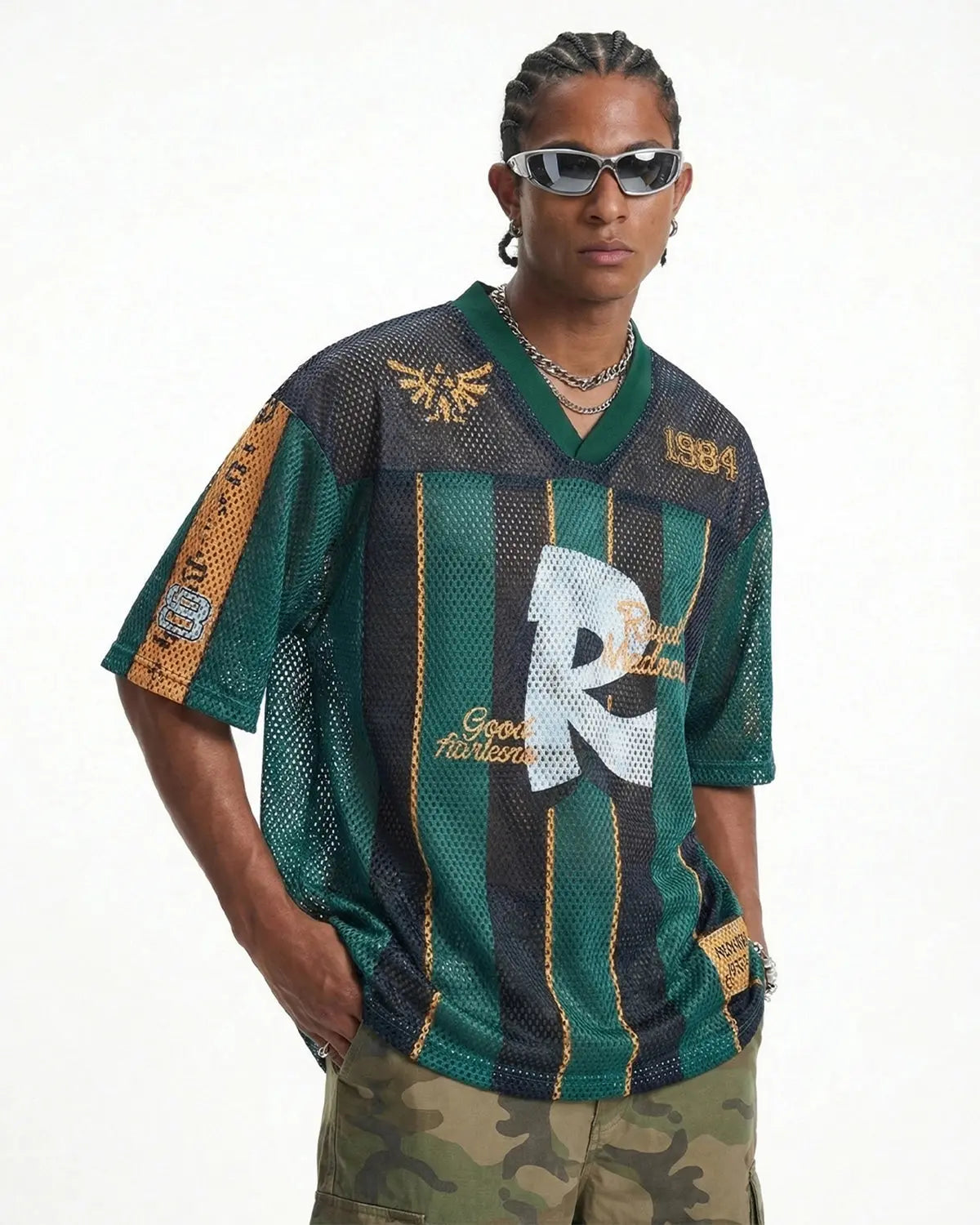 Vintage striped mesh jersey by Flation Streetwear, featuring bold color stripes and lightweight breathable fabric.